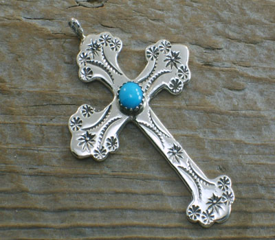 American Indian Pendant- Silver cross and Turquoise
